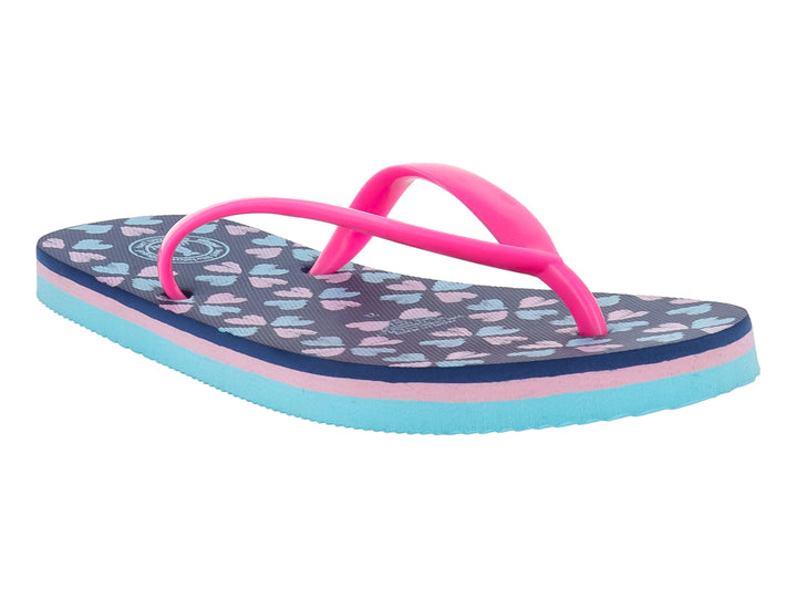 Sandalias infantiles tipo flip-flop en colores fucsia, azul marino y azul cielo con estampado en la plantilla.