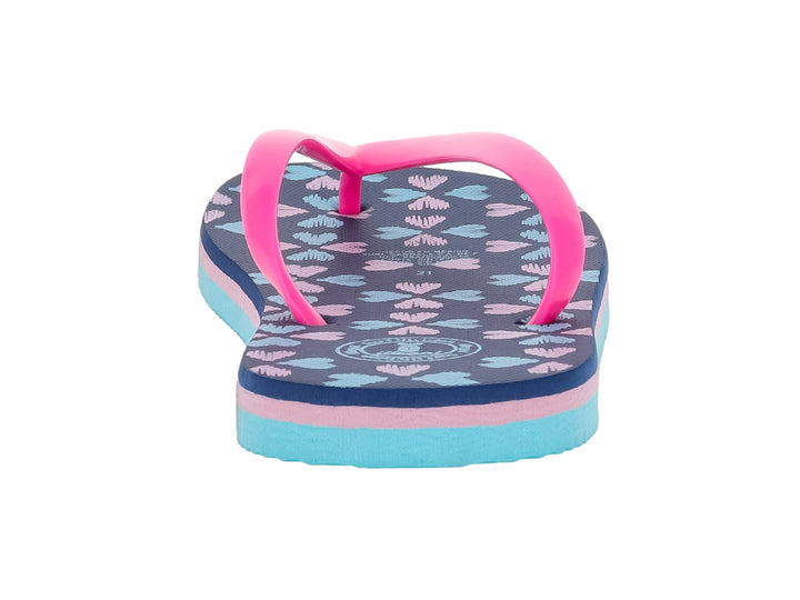 Sandalias infantiles tipo flip-flop en colores fucsia, azul marino y azul cielo con estampado en la plantilla.