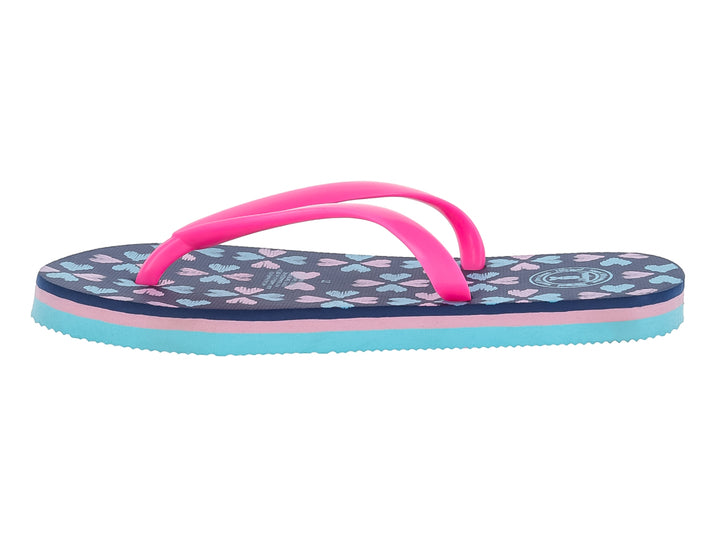 Sandalias infantiles tipo flip-flop en colores fucsia, azul marino y azul cielo con estampado en la plantilla.