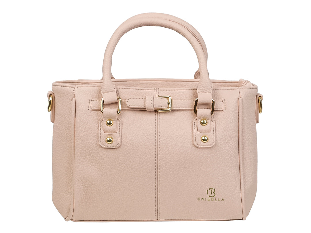 Bolso de mano color rosa claro con detalles dorados y asas superiores de la marca UNIBELLA.