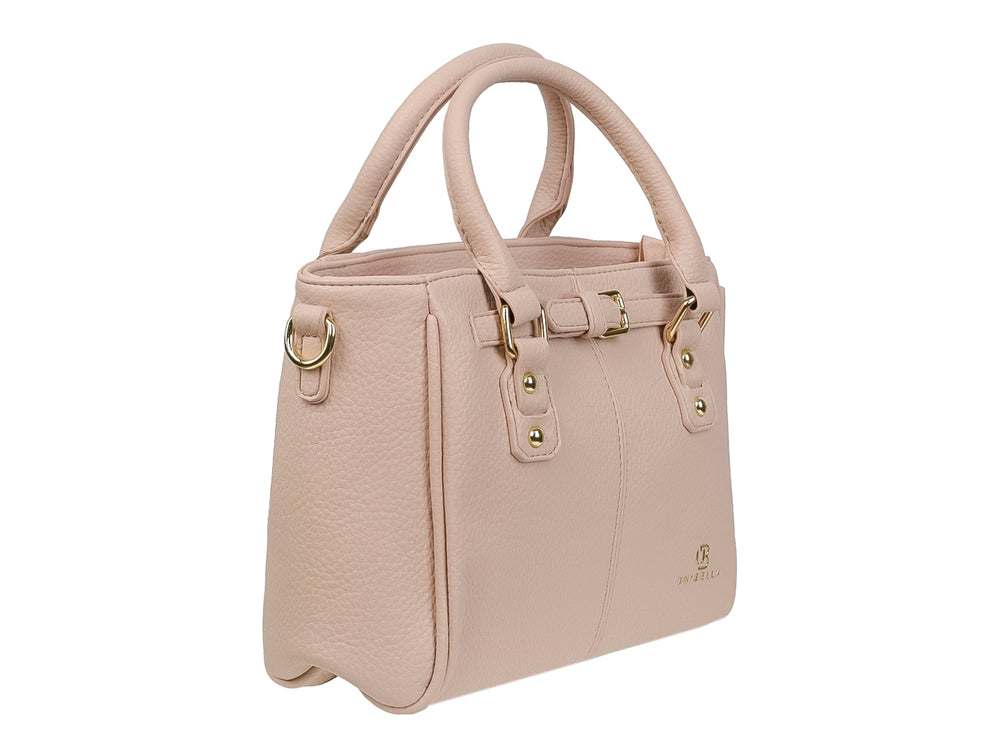 Bolso de mano color rosa claro con detalles dorados y asas superiores de la marca UNIBELLA.