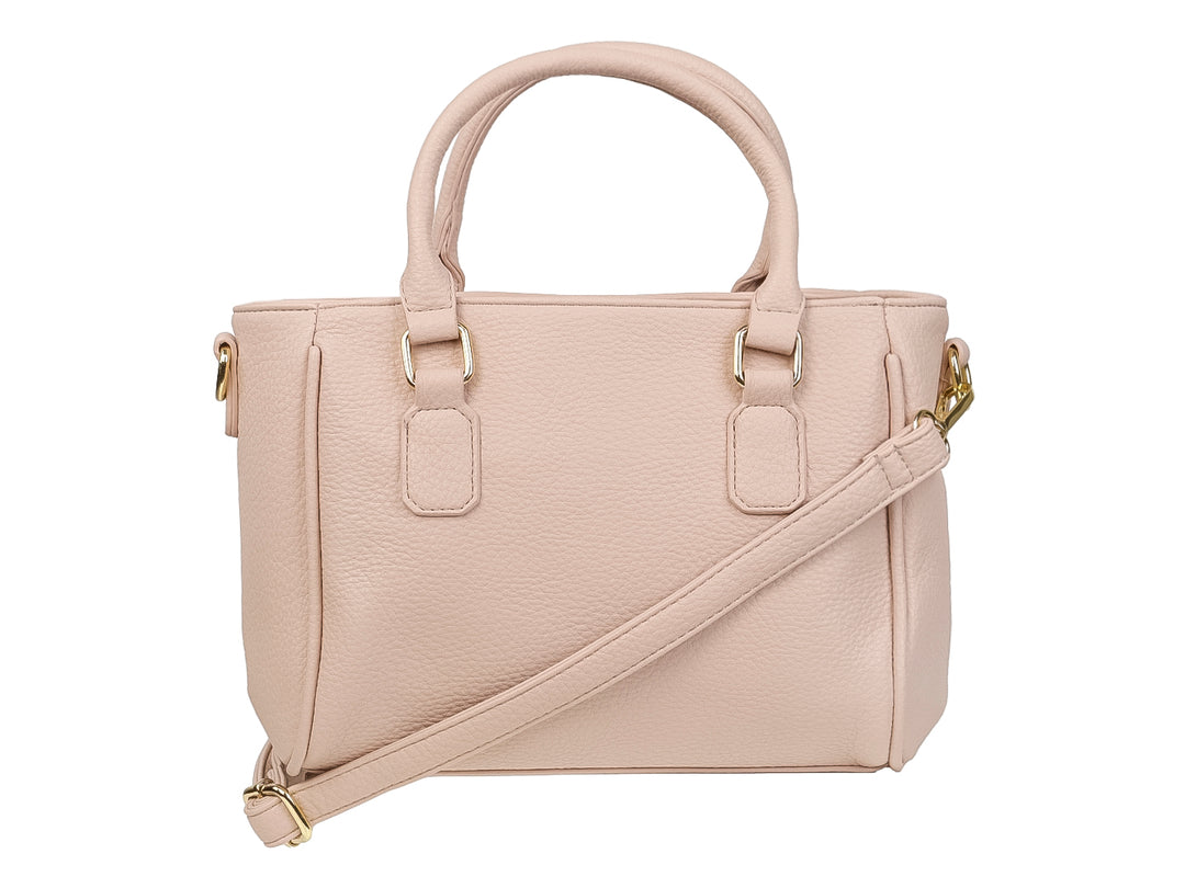 Bolso de mano color rosa claro con detalles dorados y asas superiores de la marca UNIBELLA.