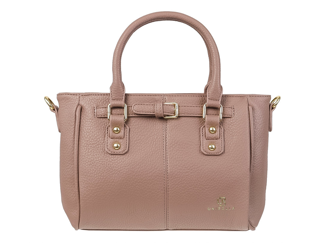 Bolso de hombro Unibella color taupe con textura rugosa, asas superiores y detalles metálicos en dorado.