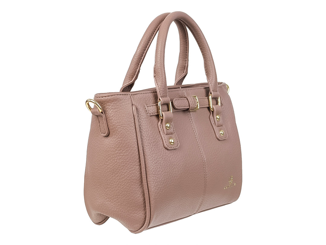 Bolso de hombro Unibella color taupe con textura rugosa, asas superiores y detalles metálicos en dorado.