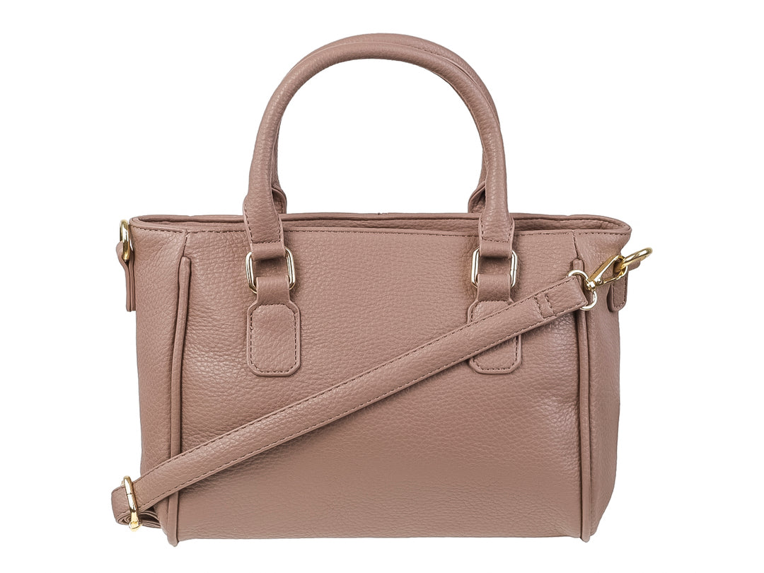 Bolso de hombro Unibella color taupe con textura rugosa, asas superiores y detalles metálicos en dorado.