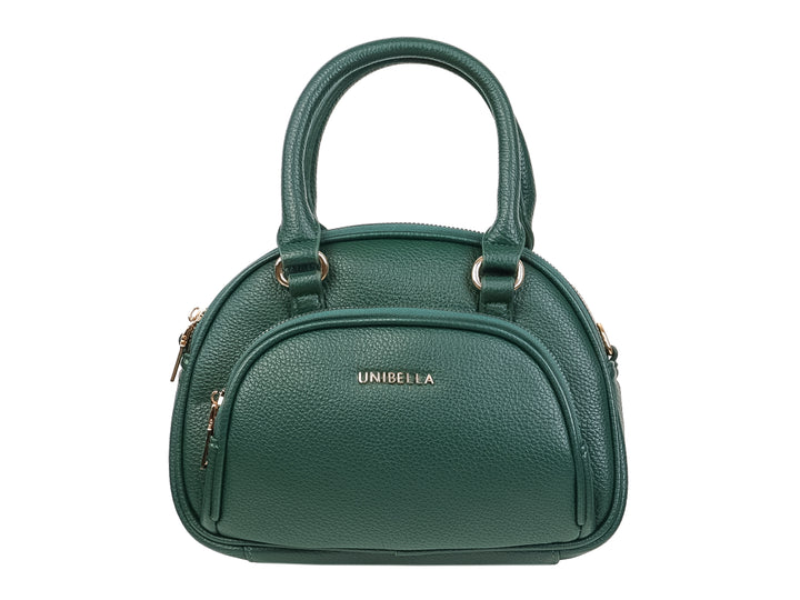 Bolso de mano color verde con textura rugosa, asas superiores y detalles en dorado.