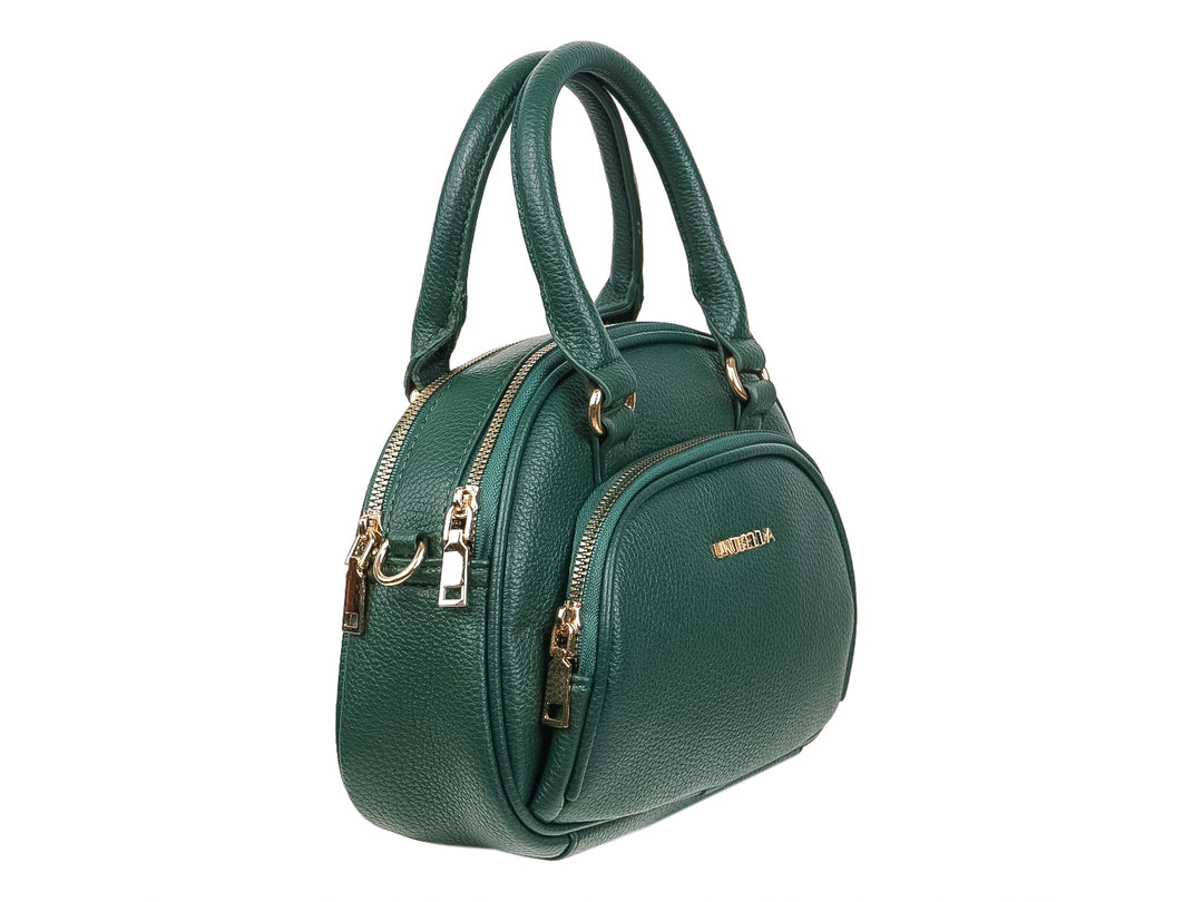 Bolso de mano color verde con textura rugosa, asas superiores y detalles en dorado.