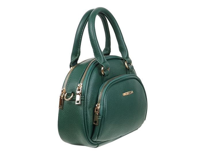 Bolso de mano color verde con textura rugosa, asas superiores y detalles en dorado.