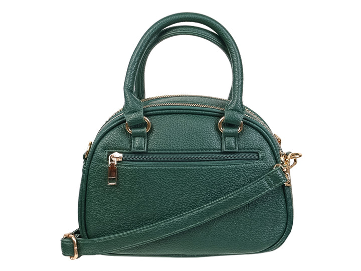 Bolso de mano color verde con textura rugosa, asas superiores y detalles en dorado.