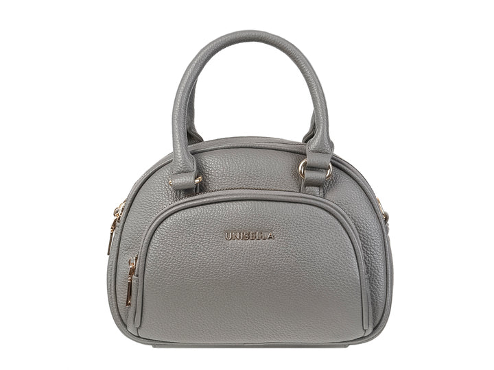 Bolso de mano color gris con textura rugosa, asa superior y detalles en dorado de la marca UNIBELLA.