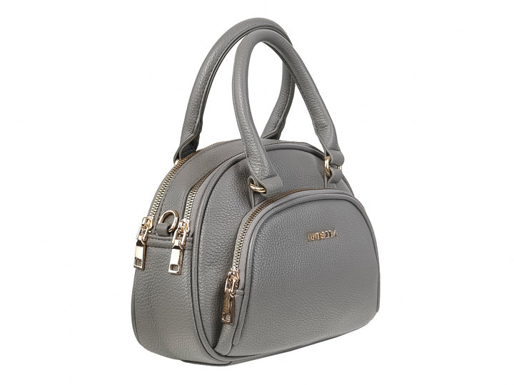 Bolso de mano color gris con textura rugosa, asa superior y detalles en dorado de la marca UNIBELLA.