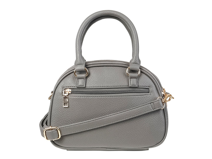 Bolso de mano color gris con textura rugosa, asa superior y detalles en dorado de la marca UNIBELLA.