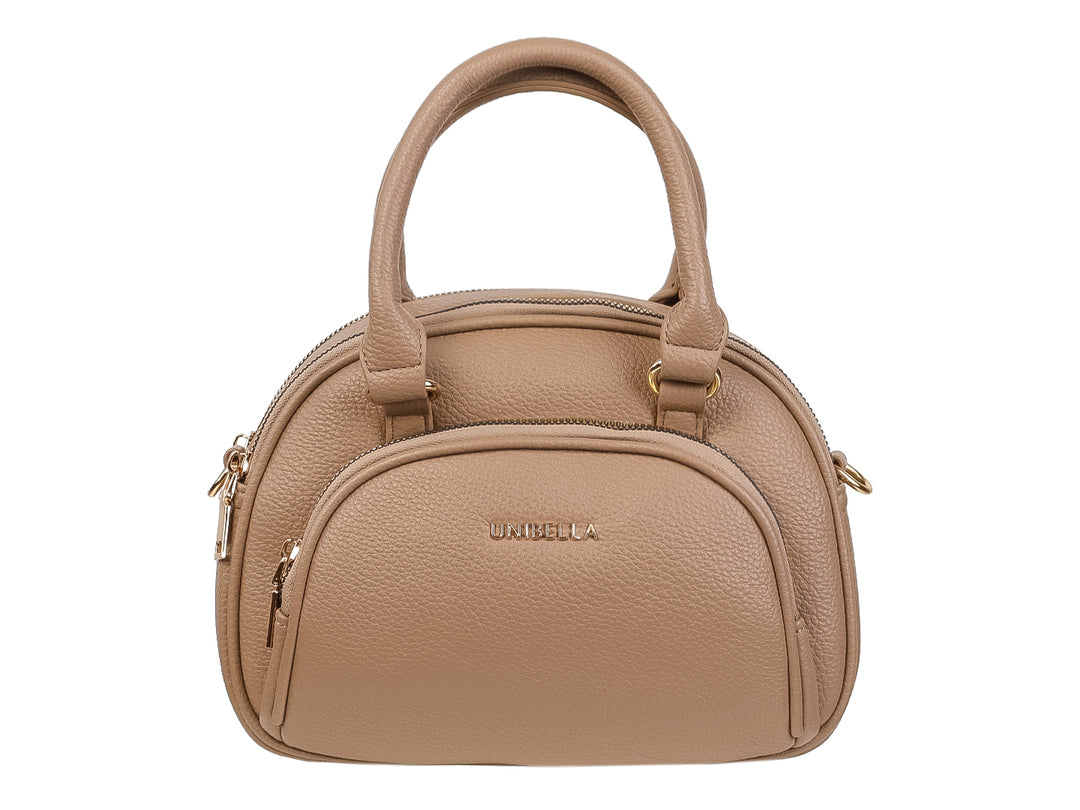 Bolso de mano color khaki con asa superior y herrajes dorados de la marca UNIBELLA.