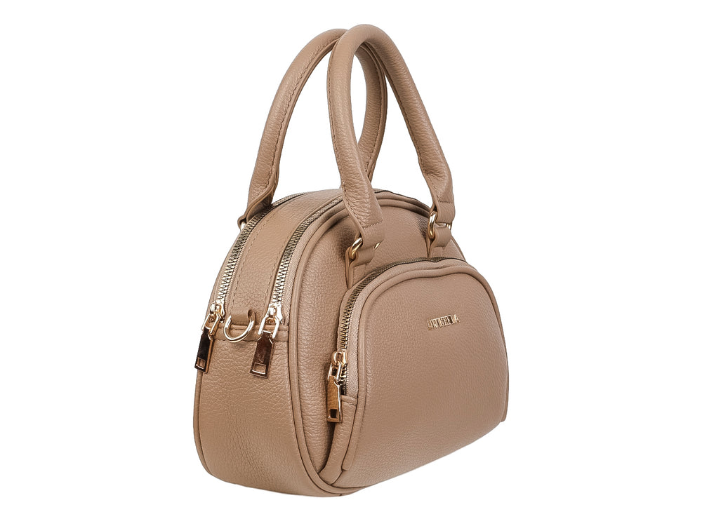 Bolso de mano color khaki con asa superior y herrajes dorados de la marca UNIBELLA.