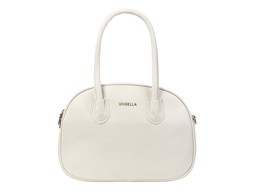 Bolsa de hombro color beige marca Unibella con asa superior y diseño ovalado.