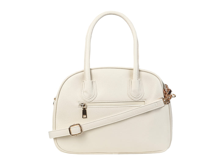 Bolsa de hombro color beige marca Unibella con asa superior y diseño ovalado.