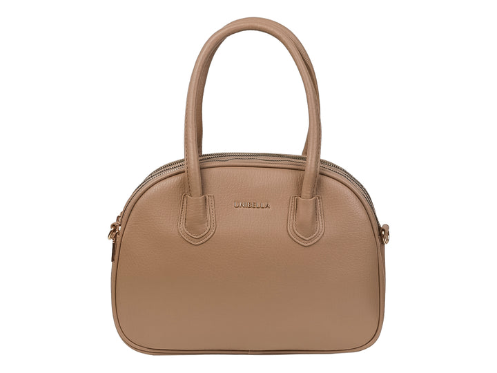 Bolso de mano color khaki marca Unibella con asas cortas y cierre superior en material sintético mate.