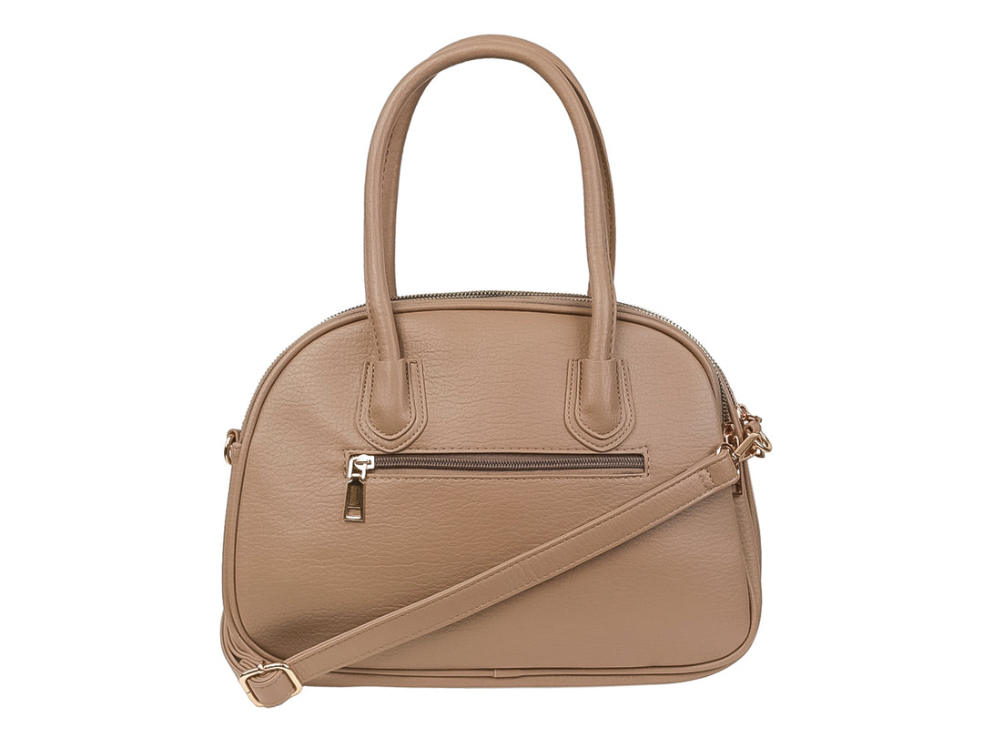 Bolso de mano color khaki marca Unibella con asas cortas y cierre superior en material sintético mate.