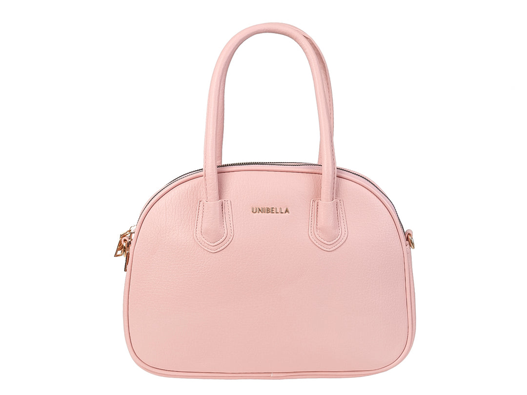 Bolso de mano Unibella color rosa pastel con asas cortas y detalles metálicos en dorado.