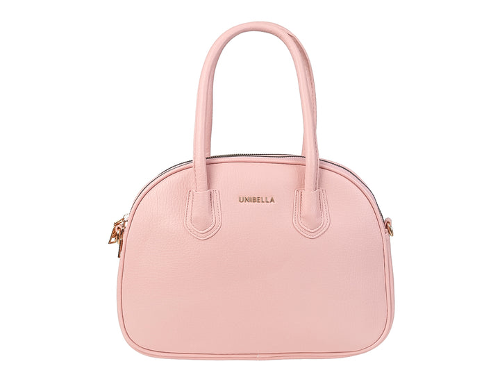 Bolso de mano Unibella color rosa pastel con asas cortas y detalles metálicos en dorado.