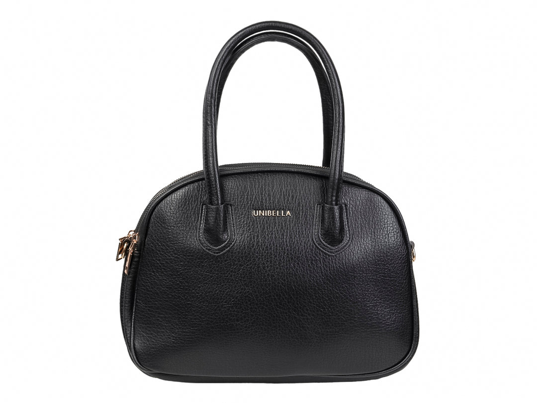 Bolso de mano color negro marca Unibella con textura rugosa y asas superiores.