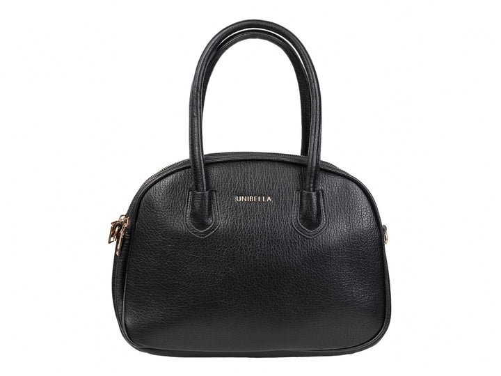 Bolso de mano color negro marca Unibella con textura rugosa y asas superiores.