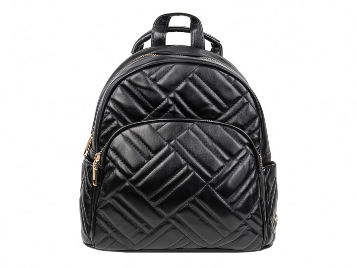 Mochila negra de material sintético con diseño acolchado en cuadros y detalles metálicos dorados.