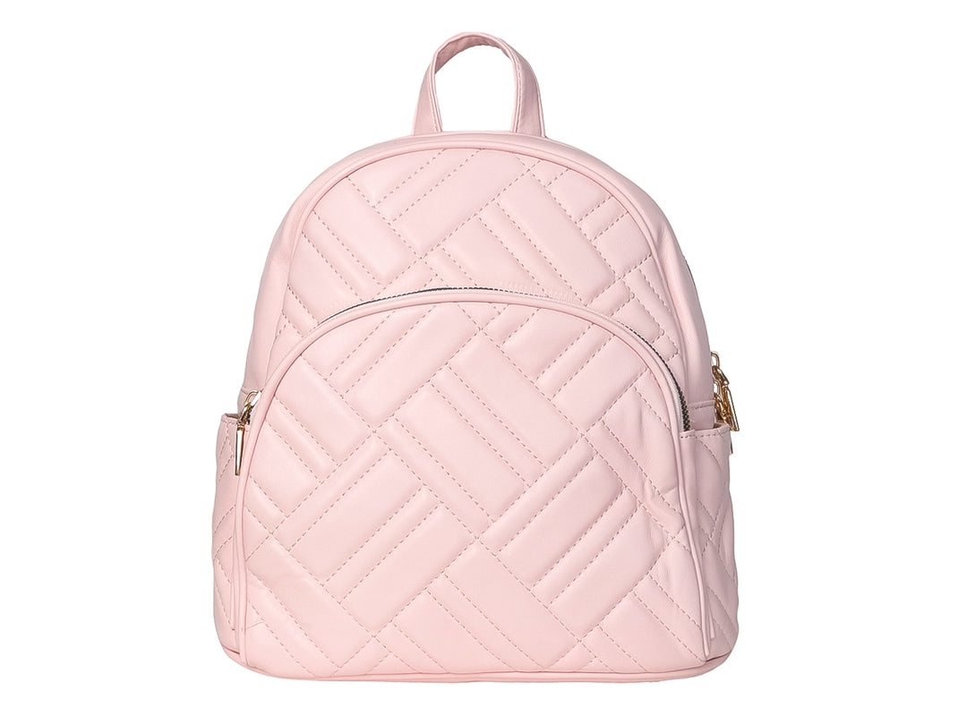 Mochila rosa pastel de material sintético con diseño acolchado geométrico y detalles en dorado.