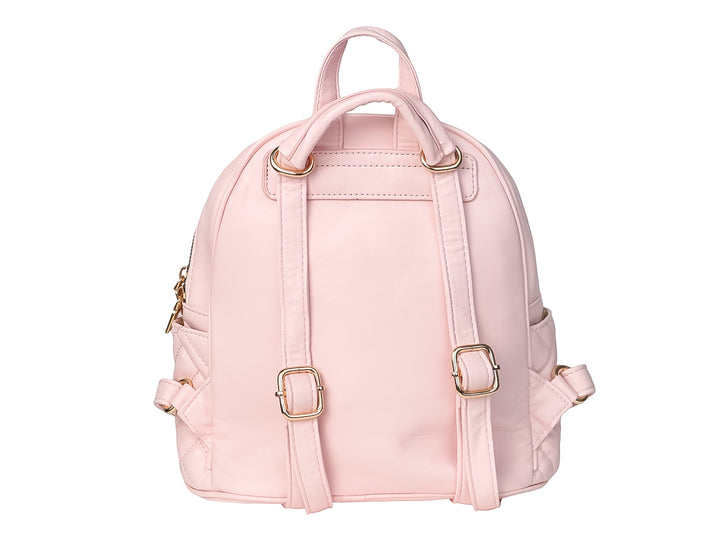 Mochila rosa pastel de material sintético con diseño acolchado geométrico y detalles en dorado.