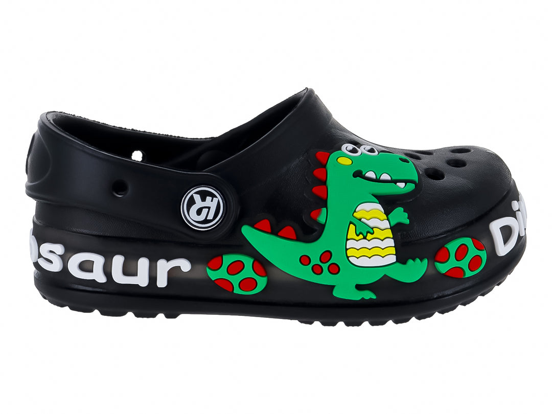 Zuecos negros para Niño con diseño de dinosaurio verde y letras blancas.