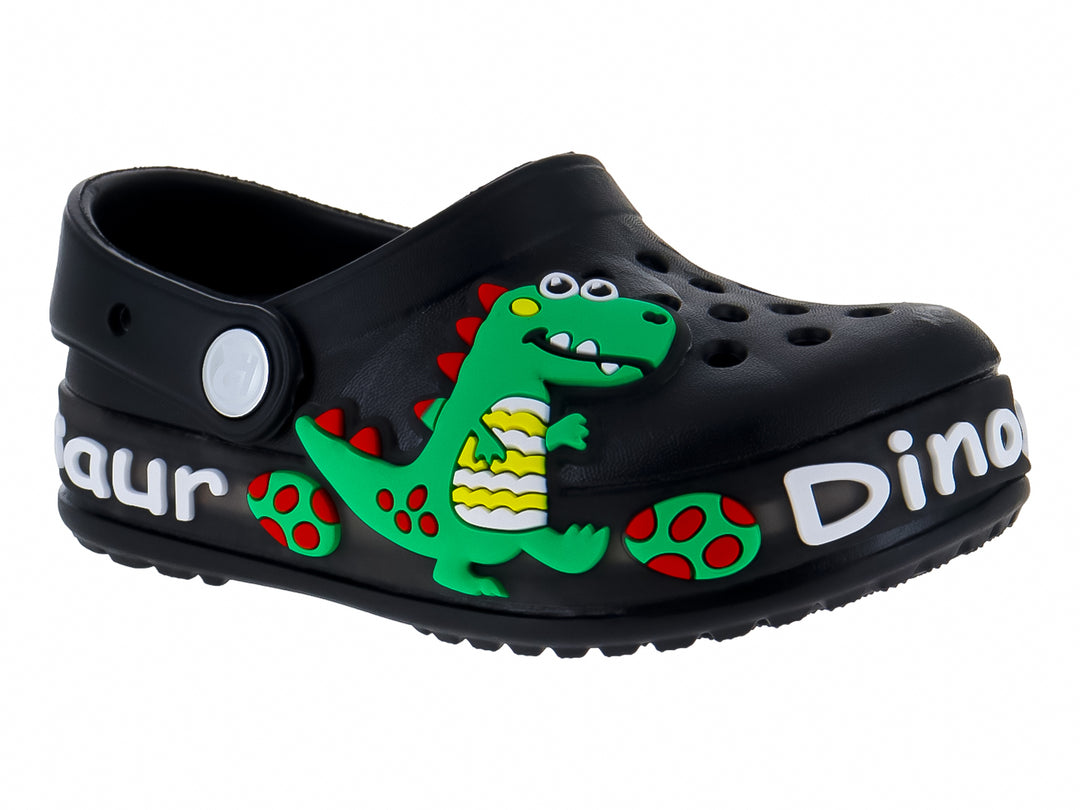 Zuecos negros para Niño con diseño de dinosaurio verde y letras blancas.