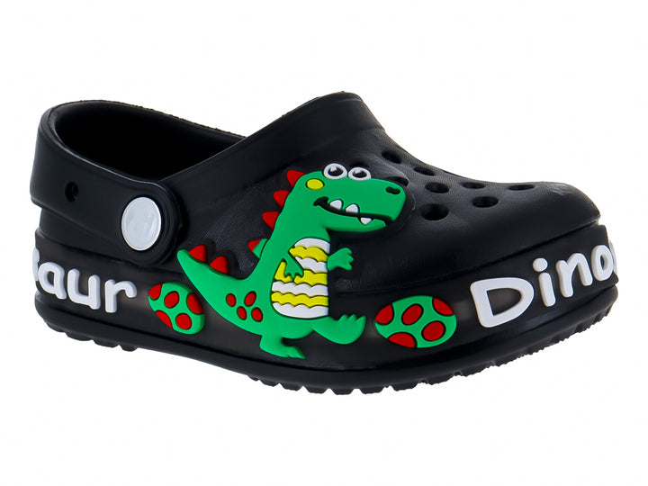 Zuecos negros para Niño con diseño de dinosaurio verde y letras blancas.