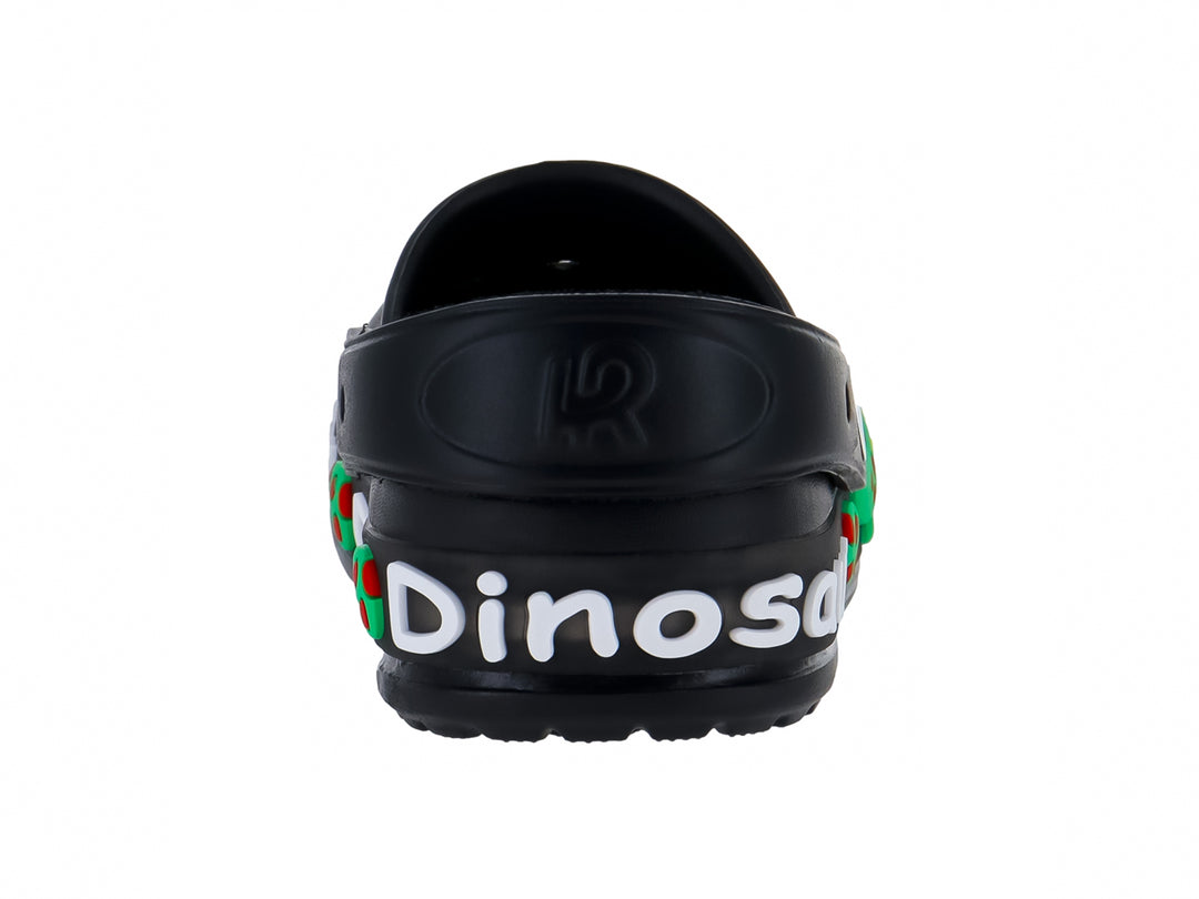 Zuecos negros para Niño con diseño de dinosaurio verde y letras blancas.