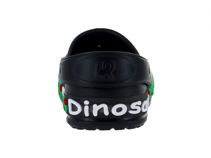 Zuecos negros para Niño con diseño de dinosaurio verde y letras blancas.