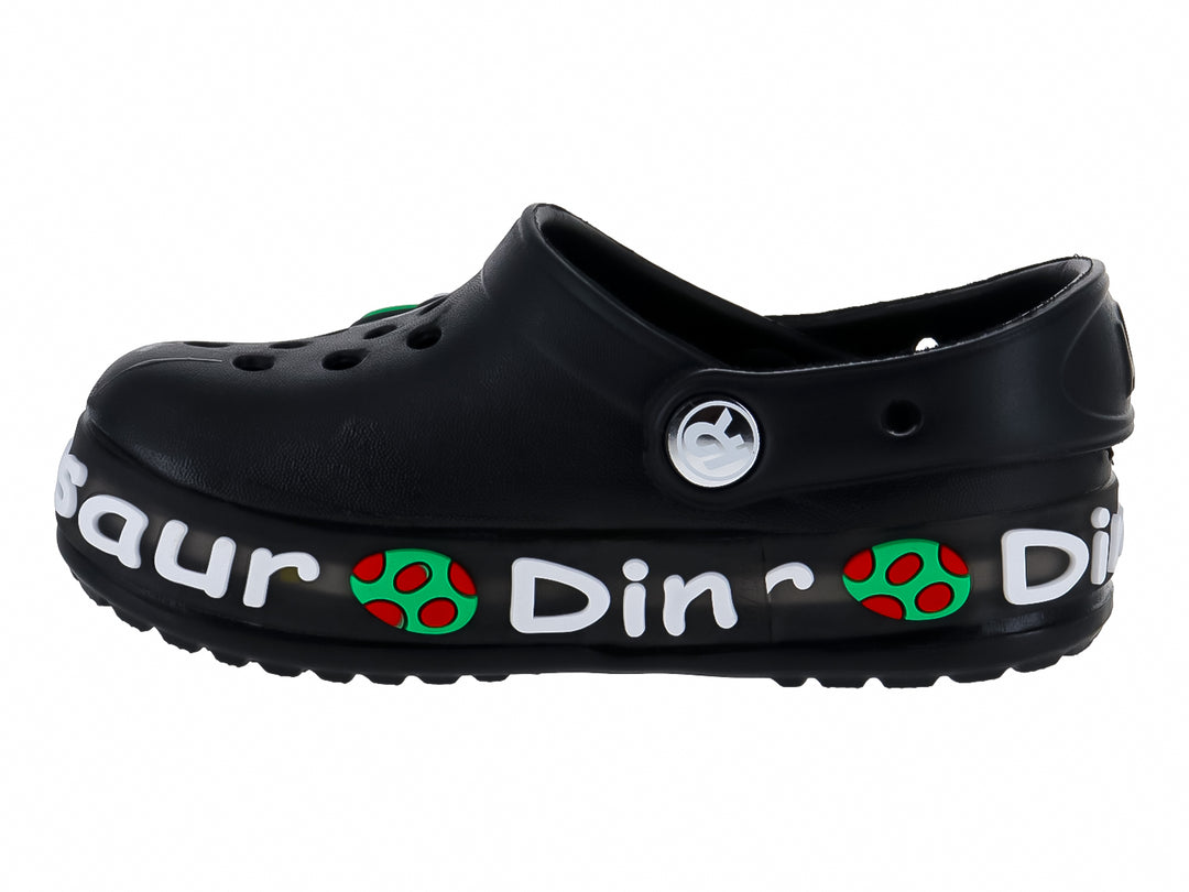 Zuecos negros para Niño con diseño de dinosaurio verde y letras blancas.