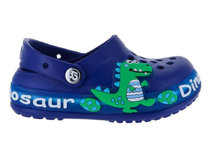 Zuecos azules de EVA para niño con diseño de dinosaurio verde y letras blancas.