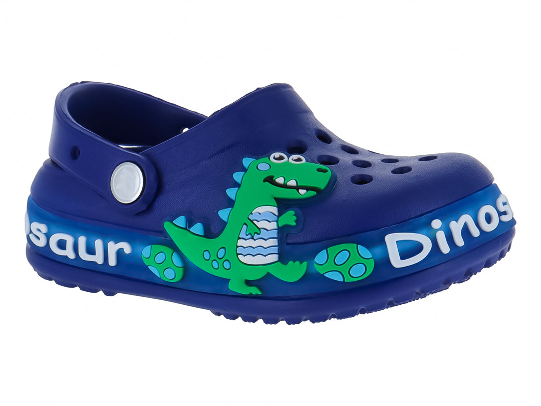 Zuecos azules de EVA para niño con diseño de dinosaurio verde y letras blancas.