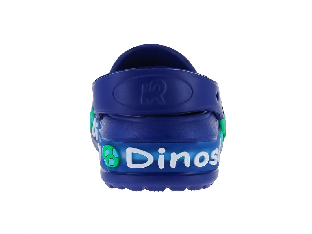 Zuecos azules de EVA para niño con diseño de dinosaurio verde y letras blancas.