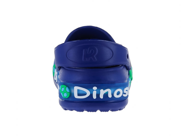 Zuecos azules de EVA para niño con diseño de dinosaurio verde y letras blancas.