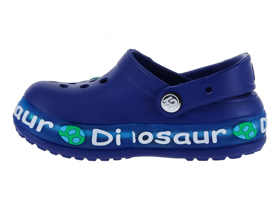 Zuecos azules de EVA para niño con diseño de dinosaurio verde y letras blancas.
