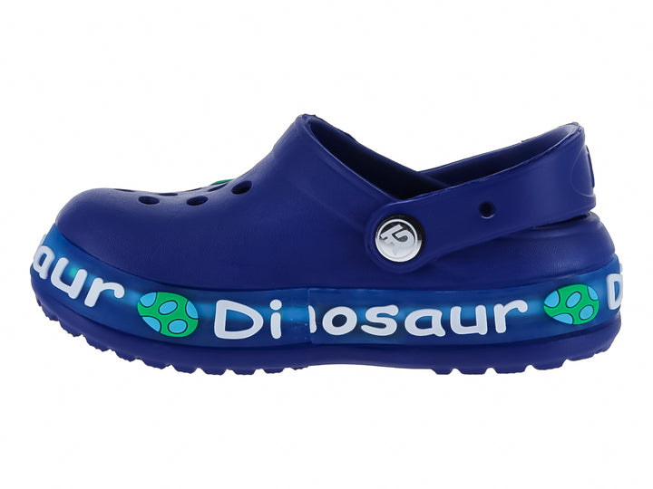 Zuecos azules de EVA para niño con diseño de dinosaurio verde y letras blancas.