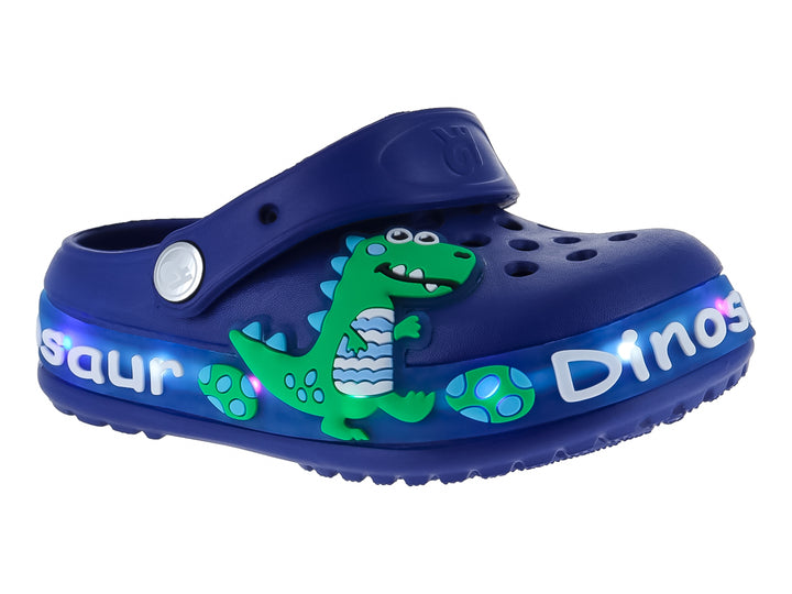 Zuecos azules de EVA para niño con diseño de dinosaurio verde y letras blancas.