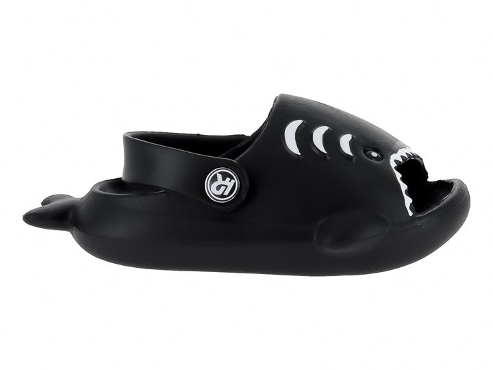 Sandalia negra de material EVA con diseño de tiburón y detalles blancos en los dientes y branquias.