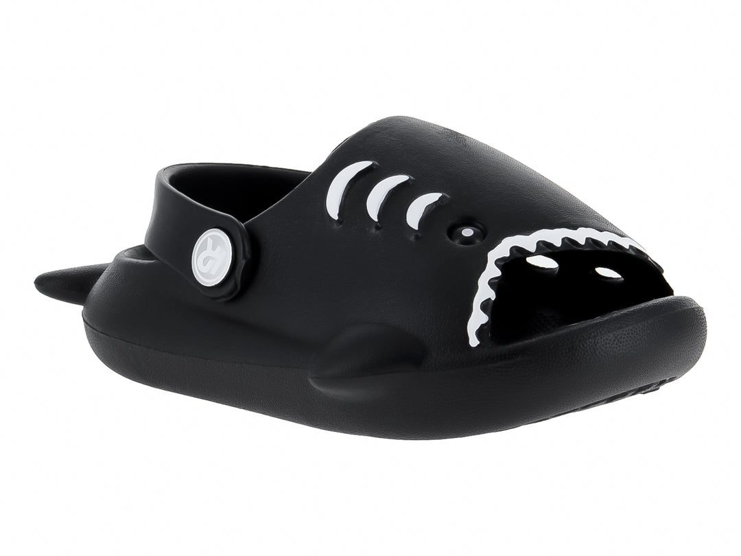 Sandalia negra de material EVA con diseño de tiburón y detalles blancos en los dientes y branquias.