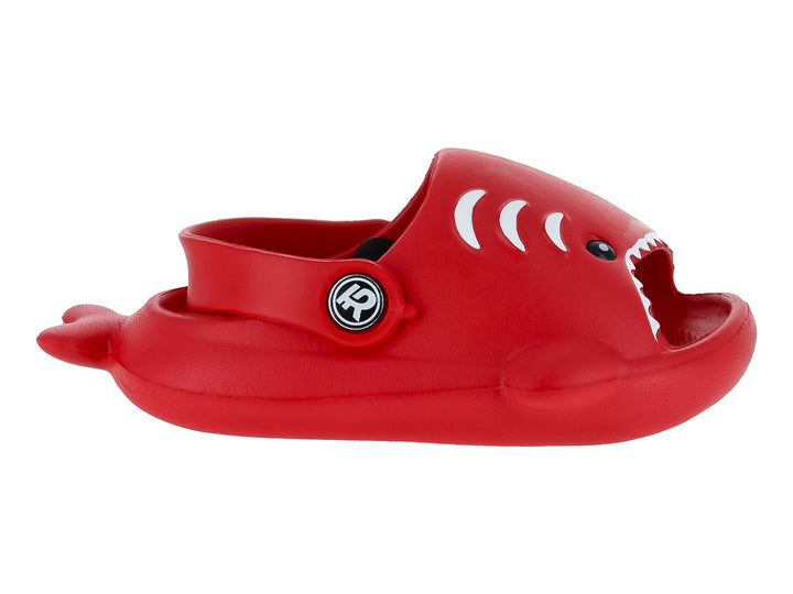 Sandalias rojas de material EVA con diseño divertido de tiburón y correa ajustable.