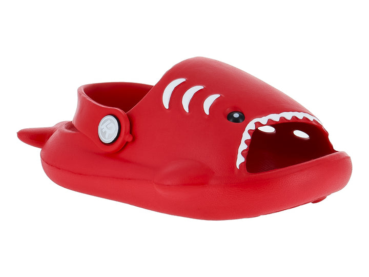 Sandalias rojas de material EVA con diseño divertido de tiburón y correa ajustable.
