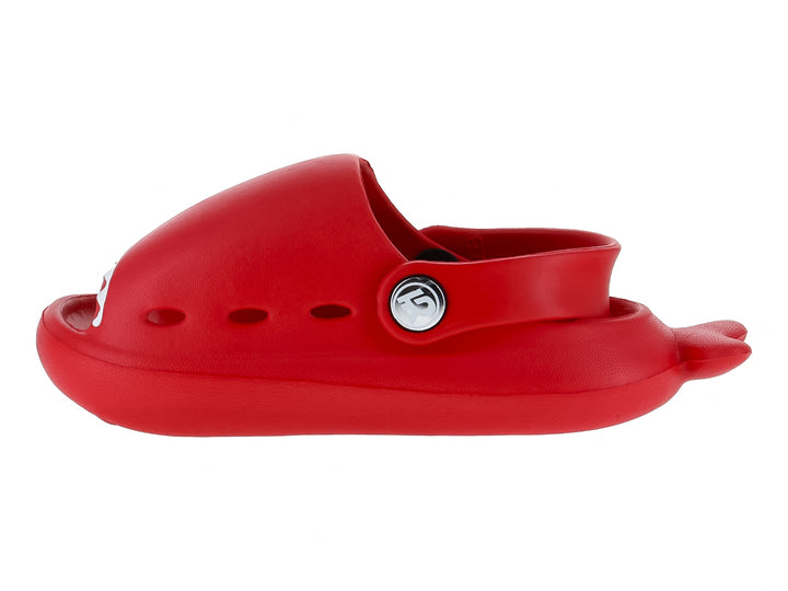 Sandalias rojas de material EVA con diseño divertido de tiburón y correa ajustable.