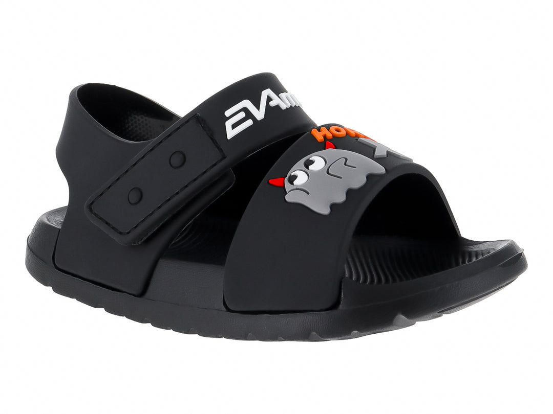 Sandalia negra de material EVA para niño con diseño de personaje gris y correas ajustables.