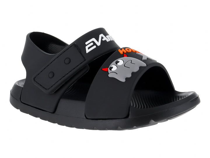 Sandalia negra de material EVA para niño con diseño de personaje gris y correas ajustables.