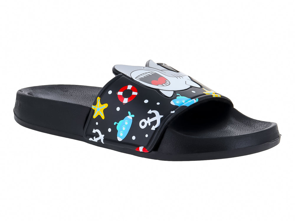 Sandalia negra de material EVA con estampados náuticos coloridos.